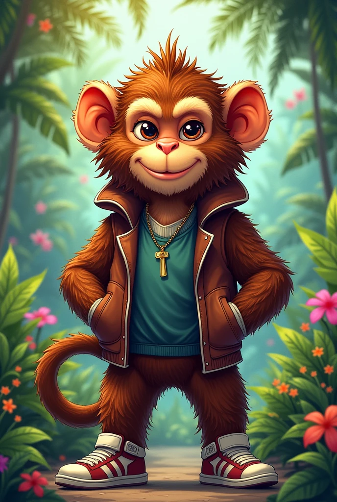 Artic Monkey picture of animal badass with brown fur and cartoon design 
Looking for the camera using clothes 