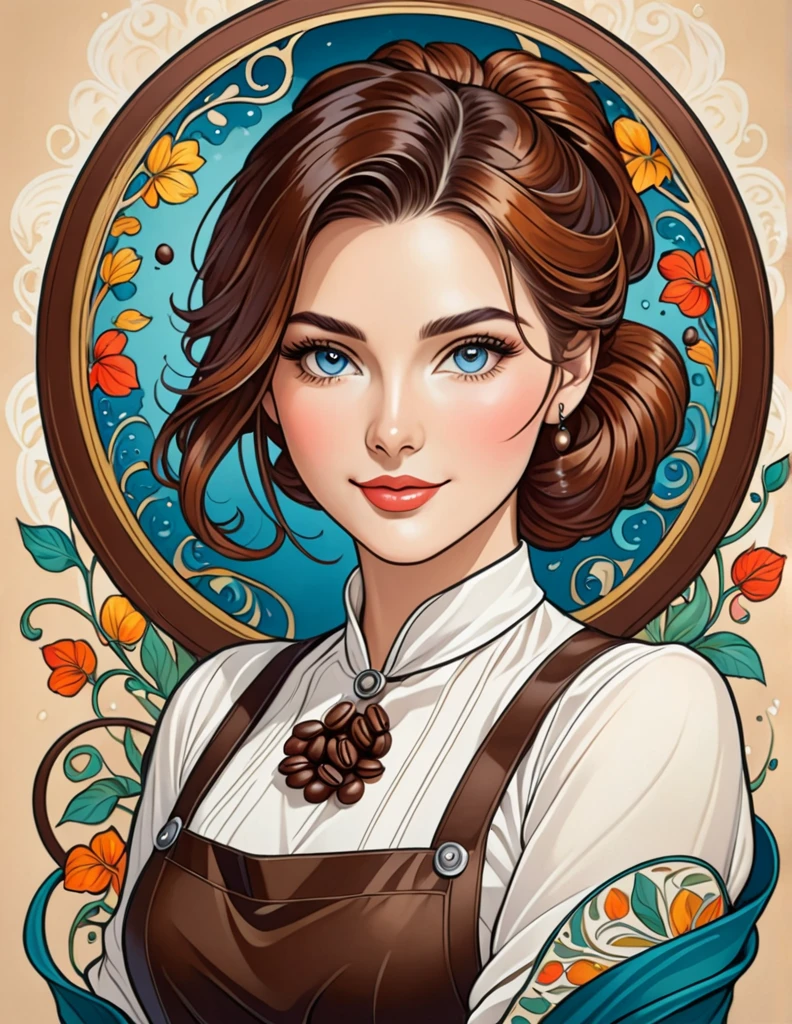 Art Nouveau portrait of an elegant beautiful female Barista with coffee beans, more colorful
