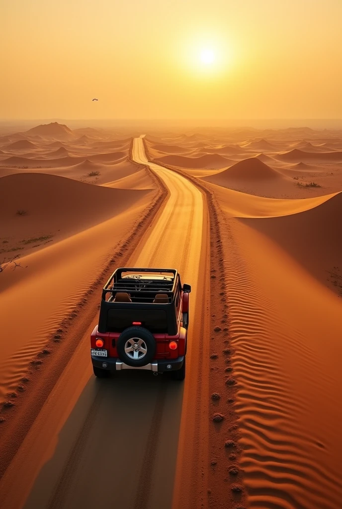 Thar desert horizontal road and both sides sand, red color jeep moving left to right direction. And early morning cool sunrise mood and bird view shot.