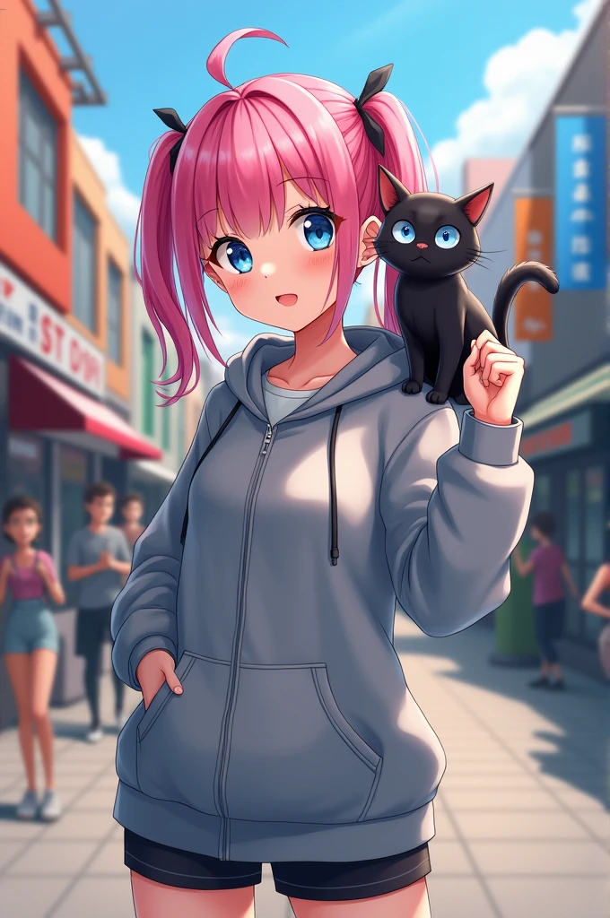 Bnha anime girl pink hair, gray hoodie, blue eyes and a black cat