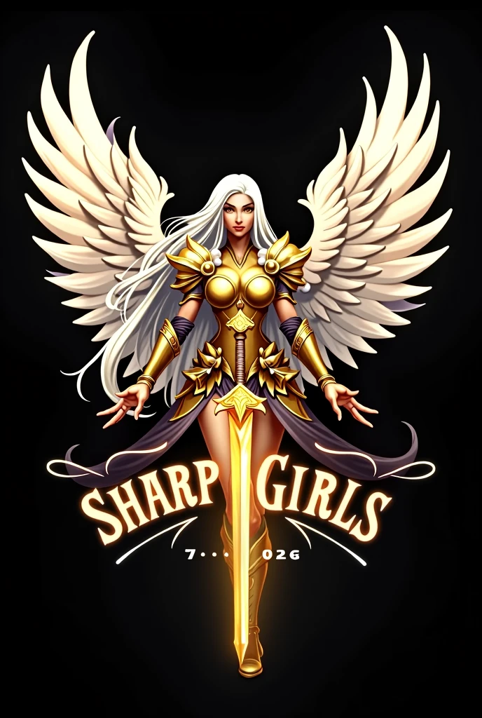 Guild logo with a cartoon drawing of a beautiful warrior woman posing holding a golden knife with both hands and with long white wings and long white hair and golden clothes and the name SHARP GIRLS large in front of her legs and a black background
