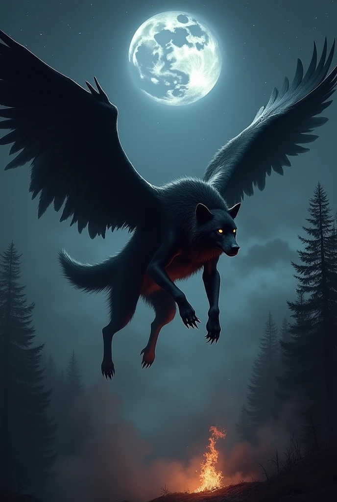 black werewolf, I dive, black wings, fire behind the neck