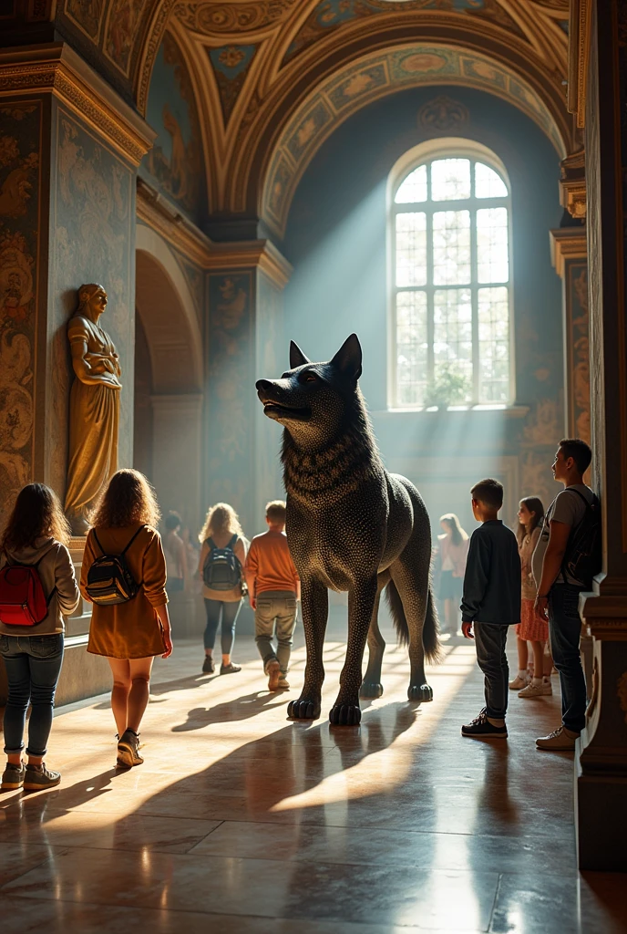 And Photos animated super realistic Some young people in the museum of myths in which a wolf dog with black skin mosaic