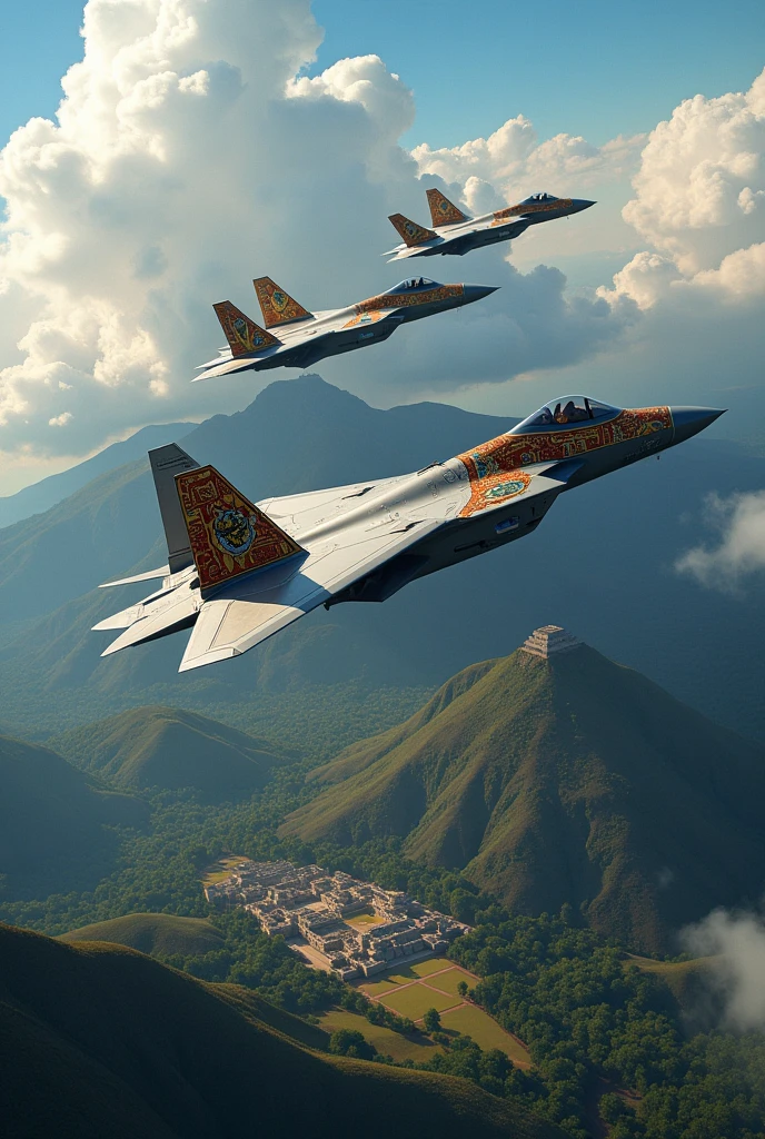 3 f22 planes flying nearby, seen from the side with motifs of the Aztec empire, Aztec and Mayan city around and Aztec eagle flying

