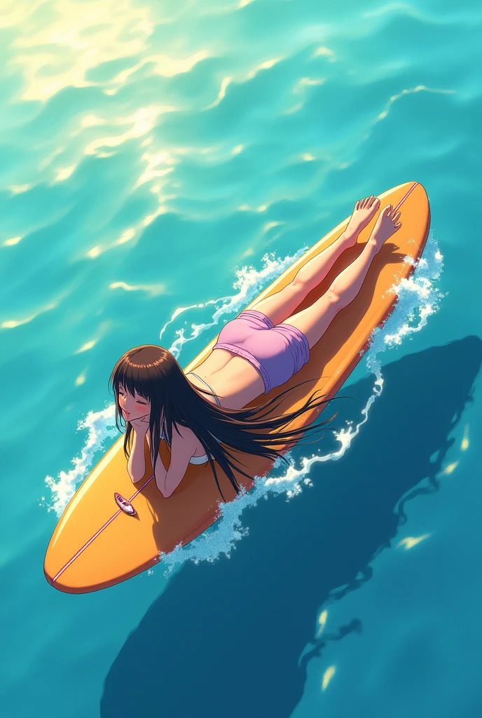 anime girl with dark brown hair lies belly down on a surfboard in the middle of the sea. her boyfriend lies on top of her with his eyes closed. they are both relaxed and enjoying themselves. the whole picture is from a third person, where you can only see their back and how they look into the distance of the sea