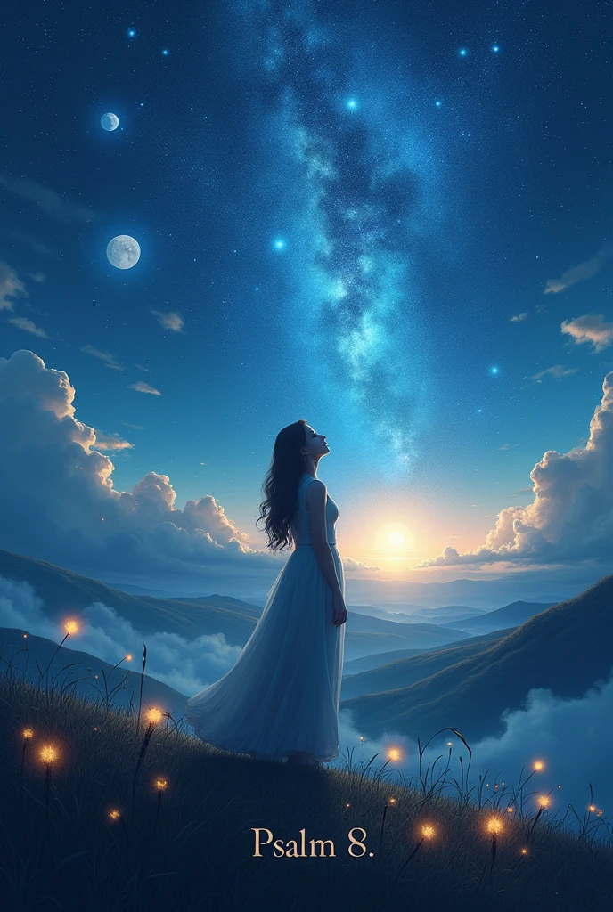 Hello, I would like to generate an image that shows the essence of Psalm 8 of the Bible.. It is a psalm that exalts God's creation , the work of his hands and as the man , Humanity surrenders to such greatness You can change the name and put a woman You can add the text.
Psalm 8 The previous image please remove the text. I just want it to say psalm 8