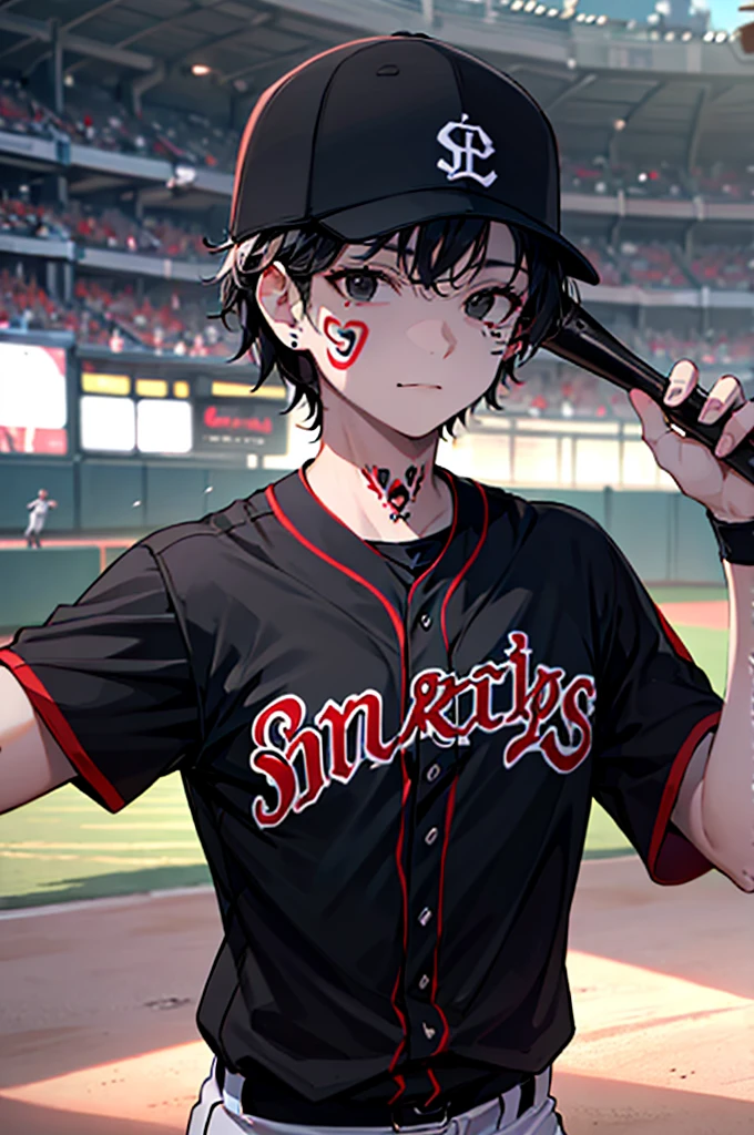 Facial tattoo, baseball, black baseball uniform, holding a bat, (black hair, black eyes)