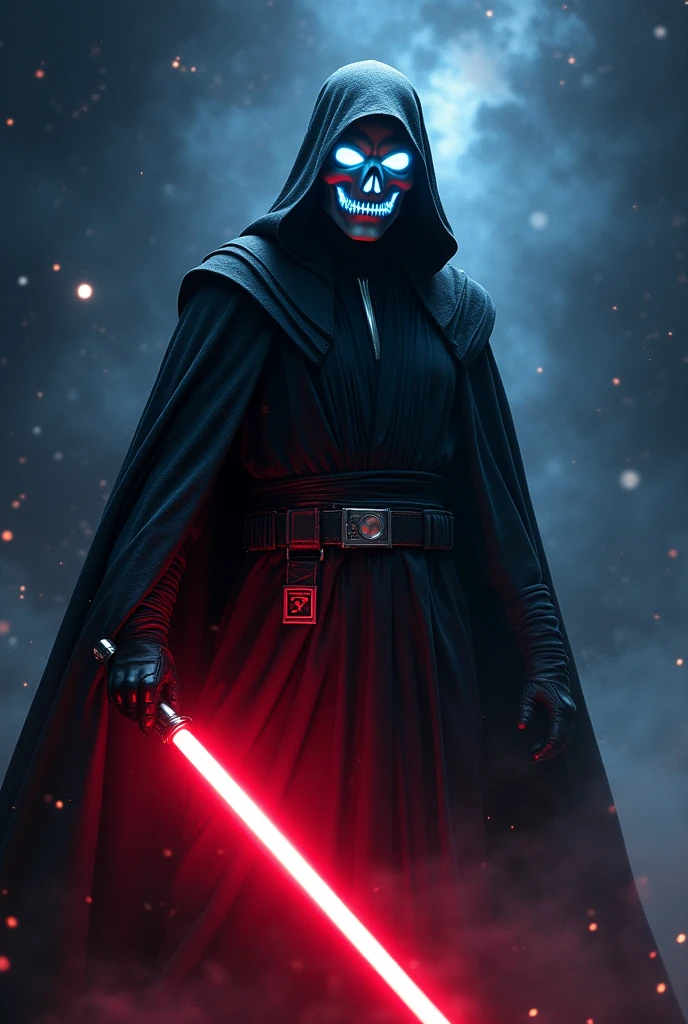 The app Twitter as a Sith Lord from Star Wars, colors of the app, (Blue, white, black), red lightsaber, creepy, scary, ultra-realistic 
