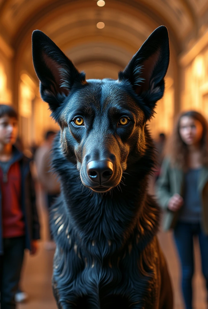 And Photos animated super realistic Some young people in the museum of myths in which a wolf dog with black skin mosaic