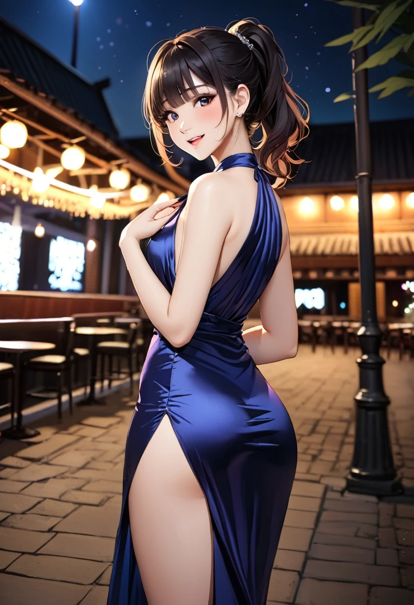 Miss,20 years old,, Venue,night,(((Sexy silk dress))),,Open mouth smile((Beautiful ponytail))(),(()),((Black Hair)),blush、,((())),((Look back))()Reflecting the buttocks