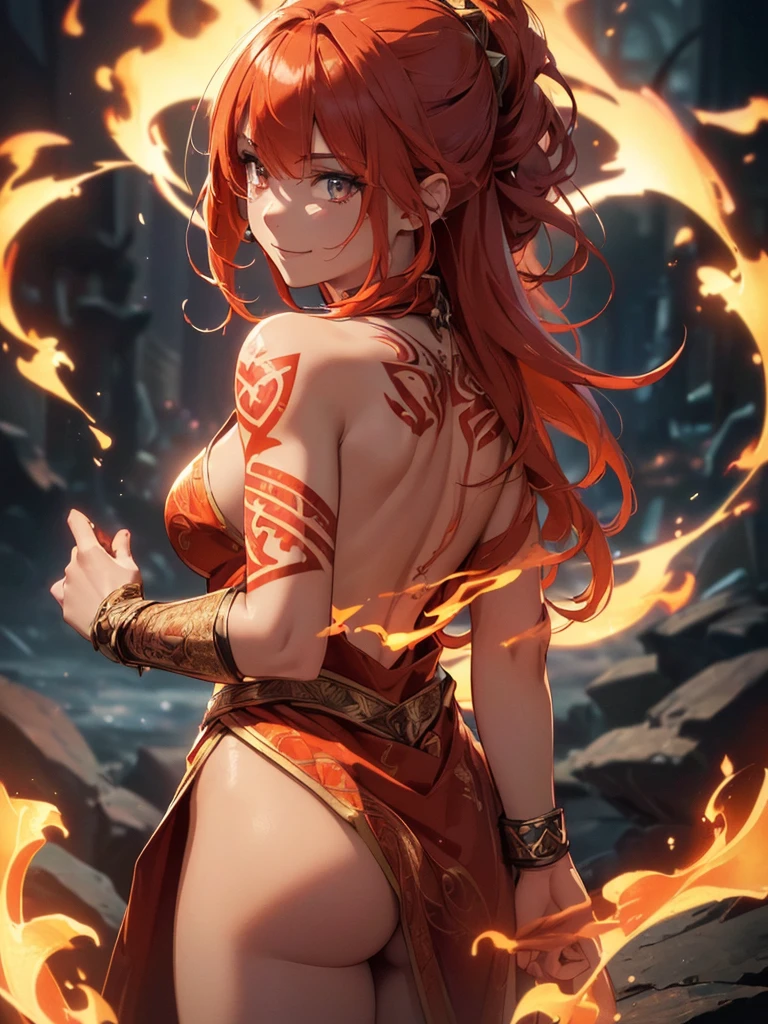 (((best quality, sharp image, clear image, cinematic lighting, 8k resolution, masterpiece, ultra detailed, intricate))) Girl, (((looking over left shoulder))), (shot from behind), fire mage, ((intricate background)), ((chaotic background)), red hair, smiling, ((flame runes, flame sigils)), (tatoo on back), slime figure, flying sigils