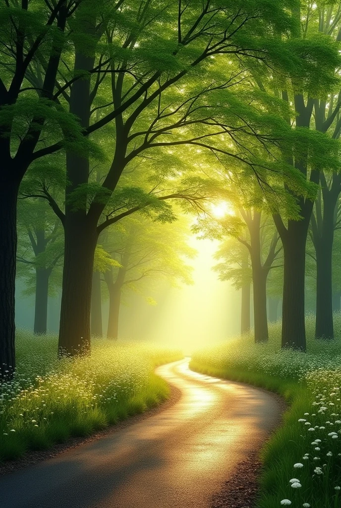 Fresh morning Trees middle there is a road that shine with sun light