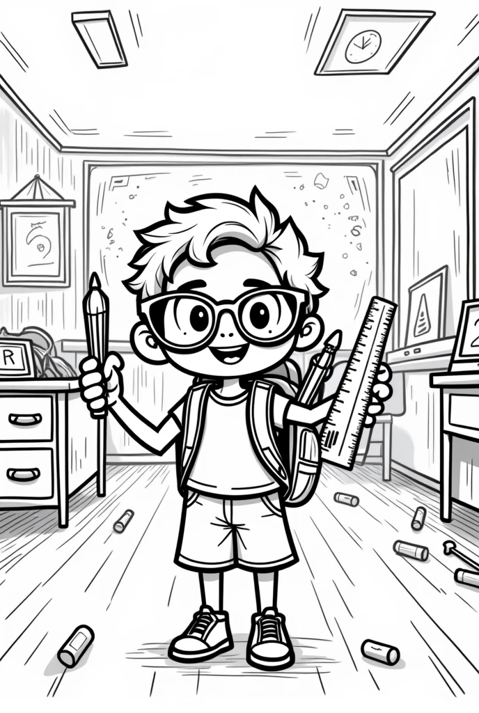 Black and white coloring picture for children Back to school theme Hectar rulers compass felt-tip pens brush eraser