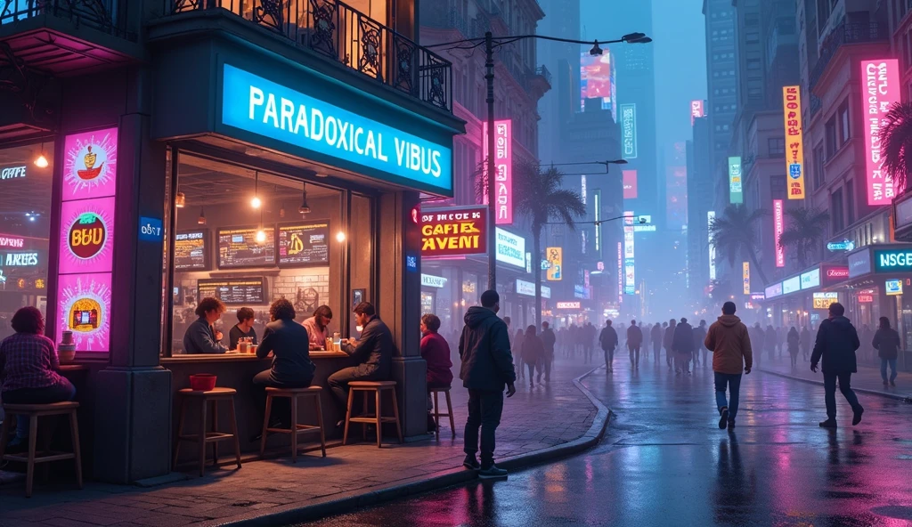 make a cyberpunk coffee house and above the coffee house which is written Paradoxical vibus on it and make it more realistic as all things are real