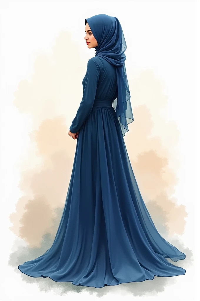 The illustration should show a Muslim bride in a simple, voluminous, dark blue henna dress. Similar to the example provided, the bride should be shown from behind, slightly turned to the side, while looking over her shoulder, her face and facial features are not recognizable. The dress and matching headscarf should be without decorative elements such as lace or floral designs. The depiction should look like a hand-drawn watercolor painting and have a stylized, convey artistic impression.