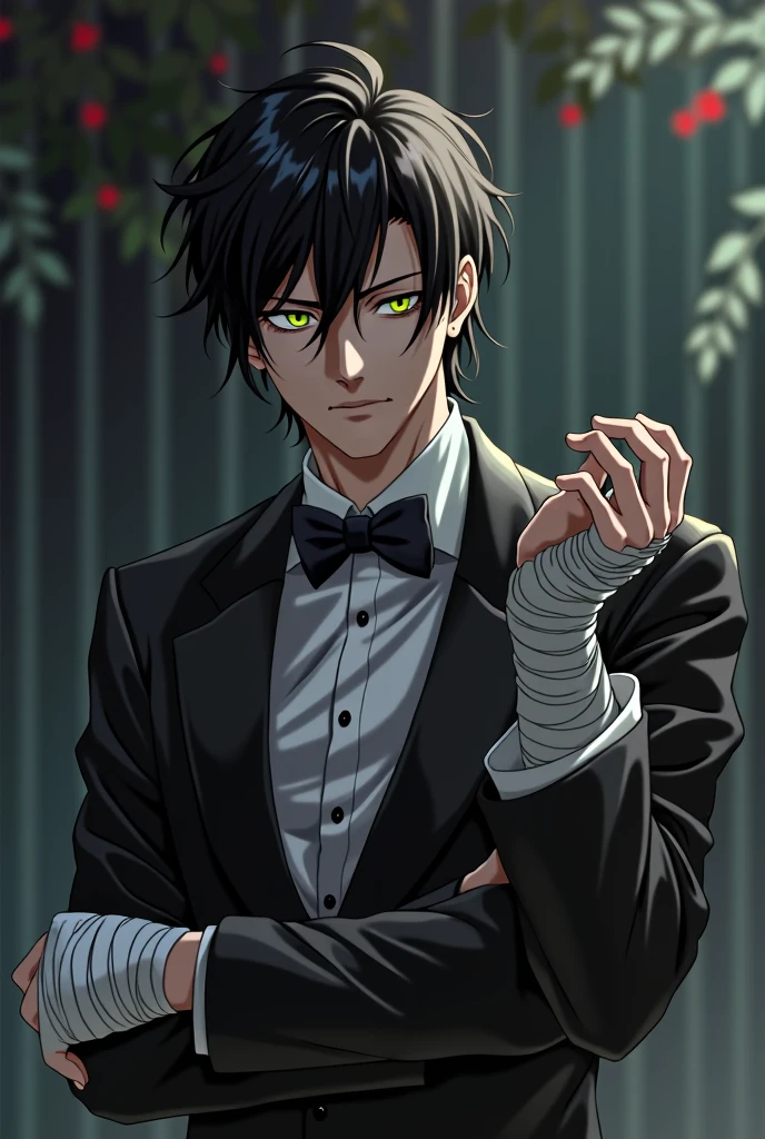 Anime guy. Indifferent. Portrait. Tuxedo. Bandages on hands. Short hair. Frowning brows