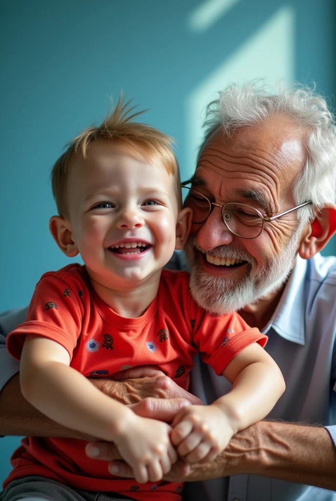 Photo of grandfather and grandson with a blue background