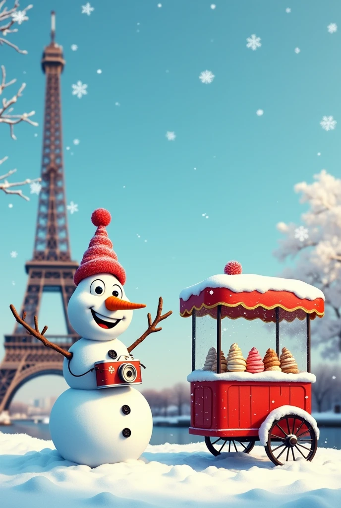 Snowman from the cartoon Cold Heart, standing near the eiffel tower in paris with a camera in his hand, there is an ice cream cart next to him