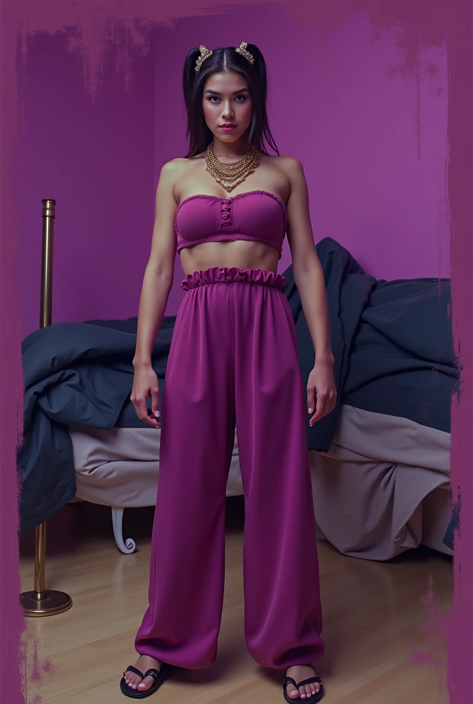 Nubile girl, solo, showing both armpits while power squatting and splaying legs, 3:4 full frontal body portrait