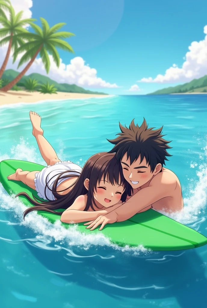 anime girl with dark brown hair lies belly down on a surfboard in the middle of the sea. her boyfriend lies on top of her with his eyes closed. they are both relaxed and enjoying themselves. The whole picture is from a third person. the girl touches the sea with her hand. her boyfriend smiles and gets on top of her