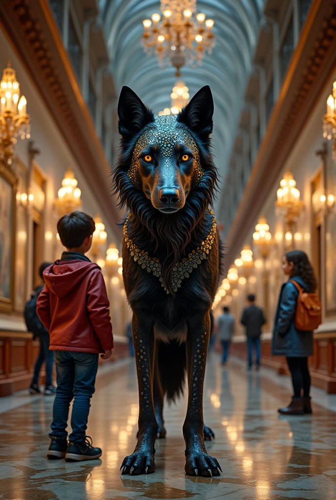 And Photos animated super realistic Some young people in the museum of myths in which a wolf dog with black skin mosaic 
