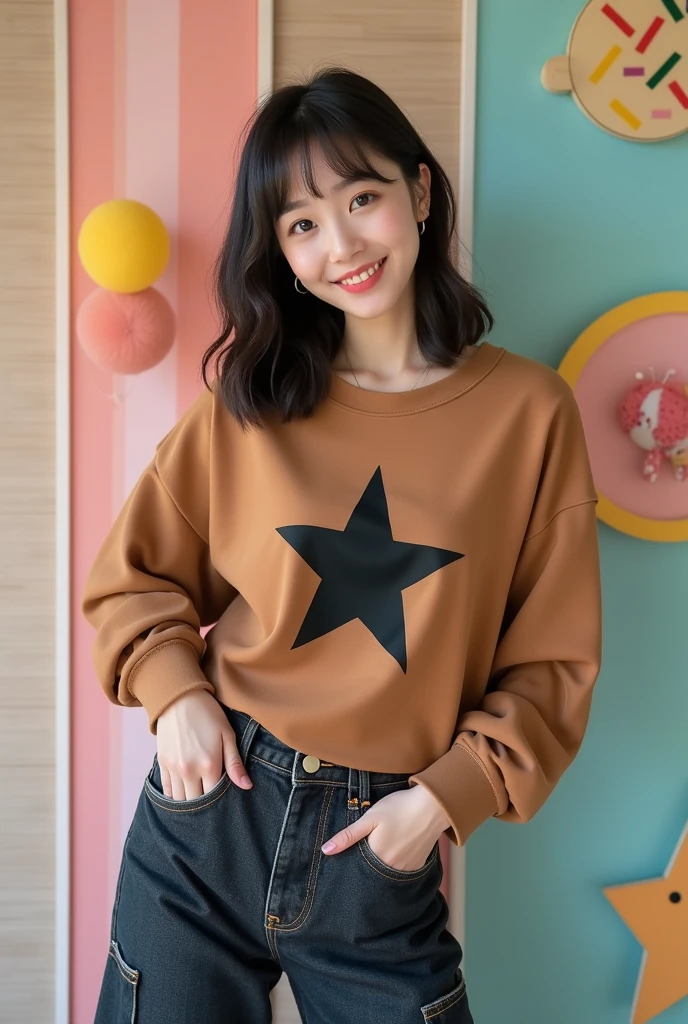 A Korean model who looks like Yeojin with medium hair and bangs in a Y2k style concept photo with loose clothes and a brown blouse with a black star in the middle and loose dark denim cargo pants with a thin face and that she is cute