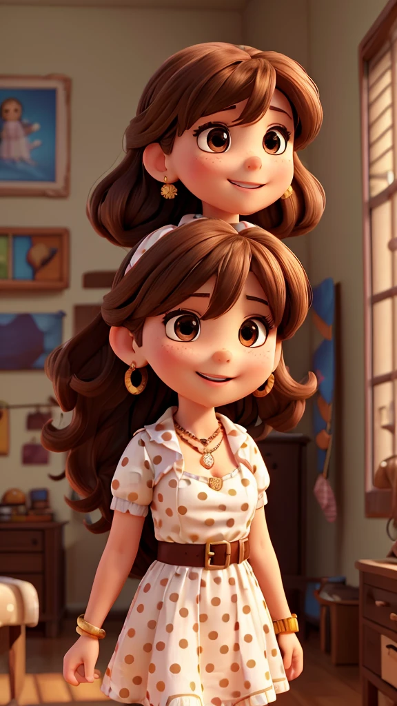 1girl, breasts, jewelry, dress, brown_hair, cleavage, solo, large_breasts, bracelet, blue_dress, long_hair, necklace, earrings, brown_eyes, belt, indoors, polka_dot, open_mouth, brown_belt, blurry_background, blurry, smile, polka_dot_dress, bare_shoulders