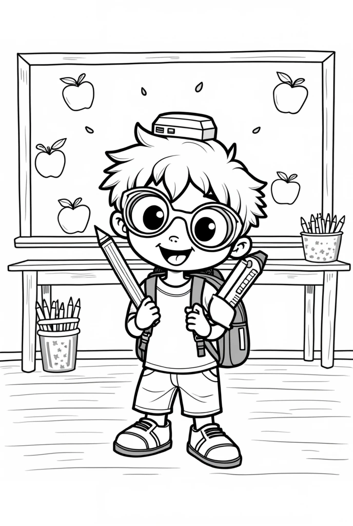 Black and white coloring picture for children Back to school theme Hectar rulers compass felt-tip pens brush eraser