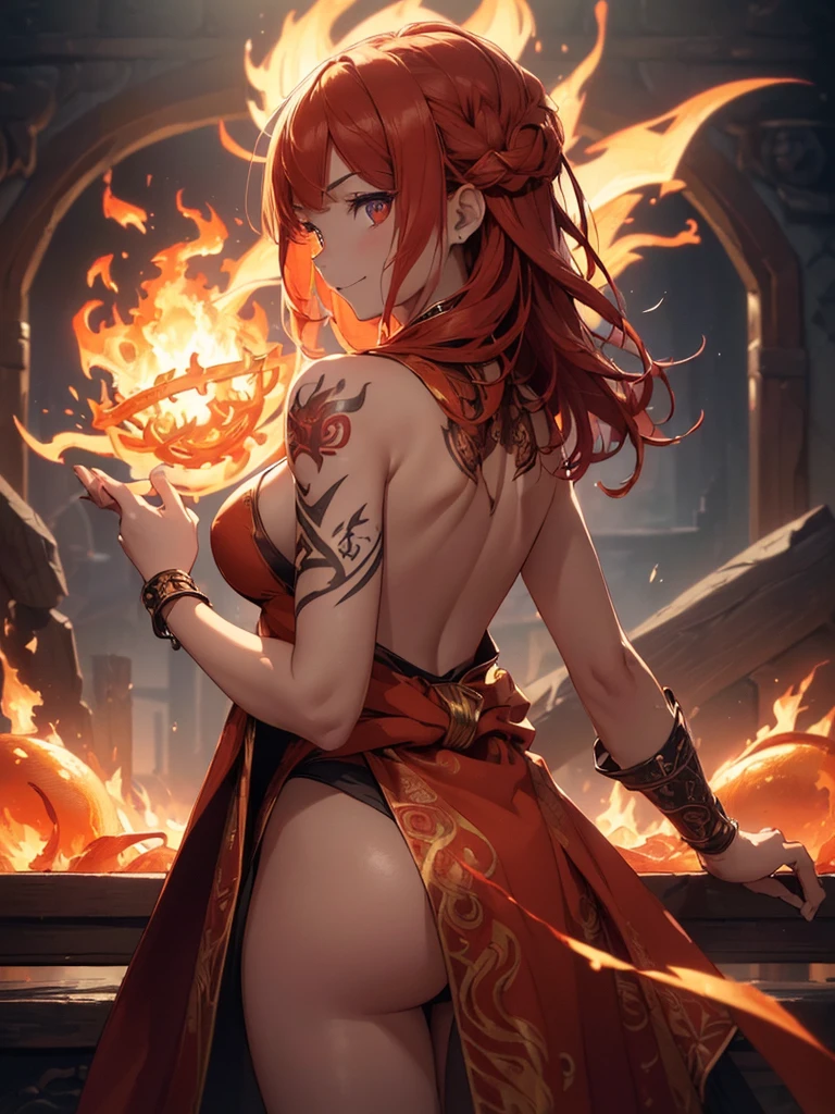 (((best quality, sharp image, clear image, cinematic lighting, 8k resolution, masterpiece, ultra detailed, intricate))) Girl, (((looking over left shoulder))), (shot from behind), fire mage, ((intricate background)), ((chaotic background)), red hair, smiling, ((flame runes, flame sigils)), (tatoo on back), slime figure, flying sigils