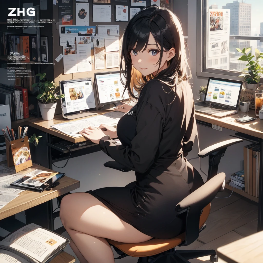 (Best Quality, Masterpiece), office lady Magazine Cover, 1girl,Magazine Cover, 1girl, amazing 30 years old wife, stunning, cute, warm smile, hourglass figure, floral dress, office desk, office chair,Lulubre Unity 8K Wallpaper, Beautiful background, clearly, Best Quality, The highest resolution, Best aesthetic,extremely detailed CG unity 8k,azine Cover,text, chart, advertising, magazine title