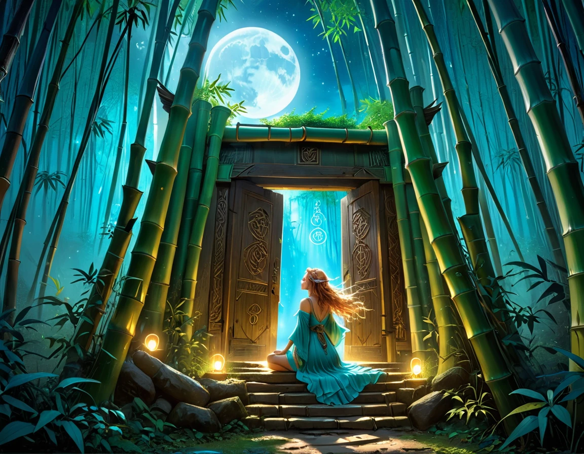  picture of a human sorceress sittings in (bamboo forest: 1.3), opening a large magical doorway, with magical runes on it, looking into the (heavens: 1.3), fantasy art, RPG art, an epic beautiful human woman, (ultra detailed face: 1.4)  dynamic hair color, dynamic hair style, dynamic eyes color, dynamic dress (best details, Masterpiece, best quality), bamboo, the magical doorway opens into the heavens and you can see angels flying, glowing arcane sigils GlowingRunes_paleblue, fantasy bamboo forest at night, moon light, moon rays, stars, Ultra-high resolution, High Contrast, (masterpiece:1.5), highest quality, Best aesthetics), 16K fantasy art, best details, best quality, highres, (ultra wide angle: 1.2), 16k, [ultra detailed], masterpiece, best quality, (extremely detailed), 
