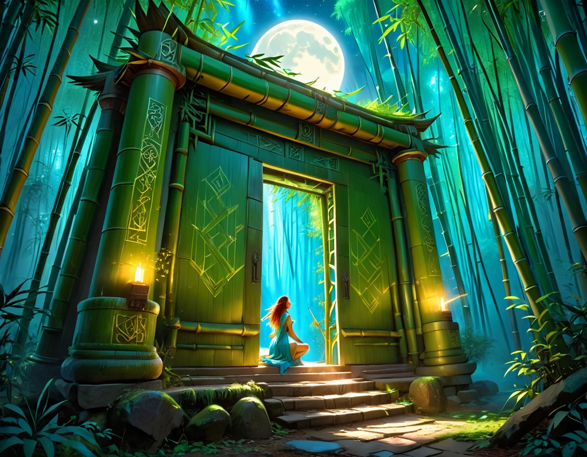  picture of a human sorceress sittings in (bamboo forest: 1.3), opening a large magical doorway, with magical runes on it, looking into the (heavens: 1.3), fantasy art, RPG art, an epic beautiful human woman, (ultra detailed face: 1.4)  dynamic hair color, dynamic hair style, dynamic eyes color, dynamic dress (best details, Masterpiece, best quality), bamboo, the magical doorway opens into the heavens and you can see angels flying, glowing arcane sigils GlowingRunes_paleblue, fantasy bamboo forest at night, moon light, moon rays, stars, Ultra-high resolution, High Contrast, (masterpiece:1.5), highest quality, Best aesthetics), 16K fantasy art, best details, best quality, highres, (ultra wide angle: 1.2), 16k, [ultra detailed], masterpiece, best quality, (extremely detailed), 
