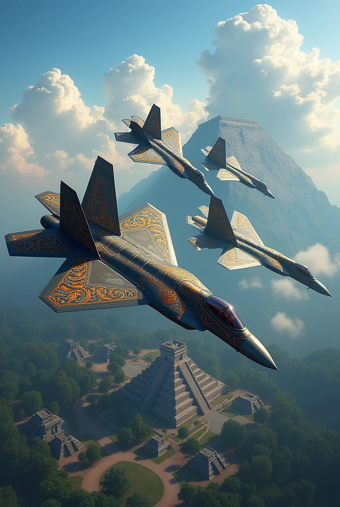 5 f22 planes flying in formation, seen from the side with motifs of the Aztec empire, Aztec and Mayan city around and Aztec eagle flying

