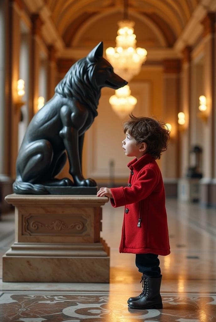 A whimsical animated image of a tall young boy with brown hair, bright and frightened hazel eyes, Standing in a grand museum gallery between ornate marble columns and intricate tile floors, Surrounded by luxurious chandeliers that cast a warm golden light. She is dressed in a red coat. in front of her, on a pedestal, There is a magnificent statue of an iron wolf. She looks and touches the statue. The general atmosphere is one of quiet wonder., 