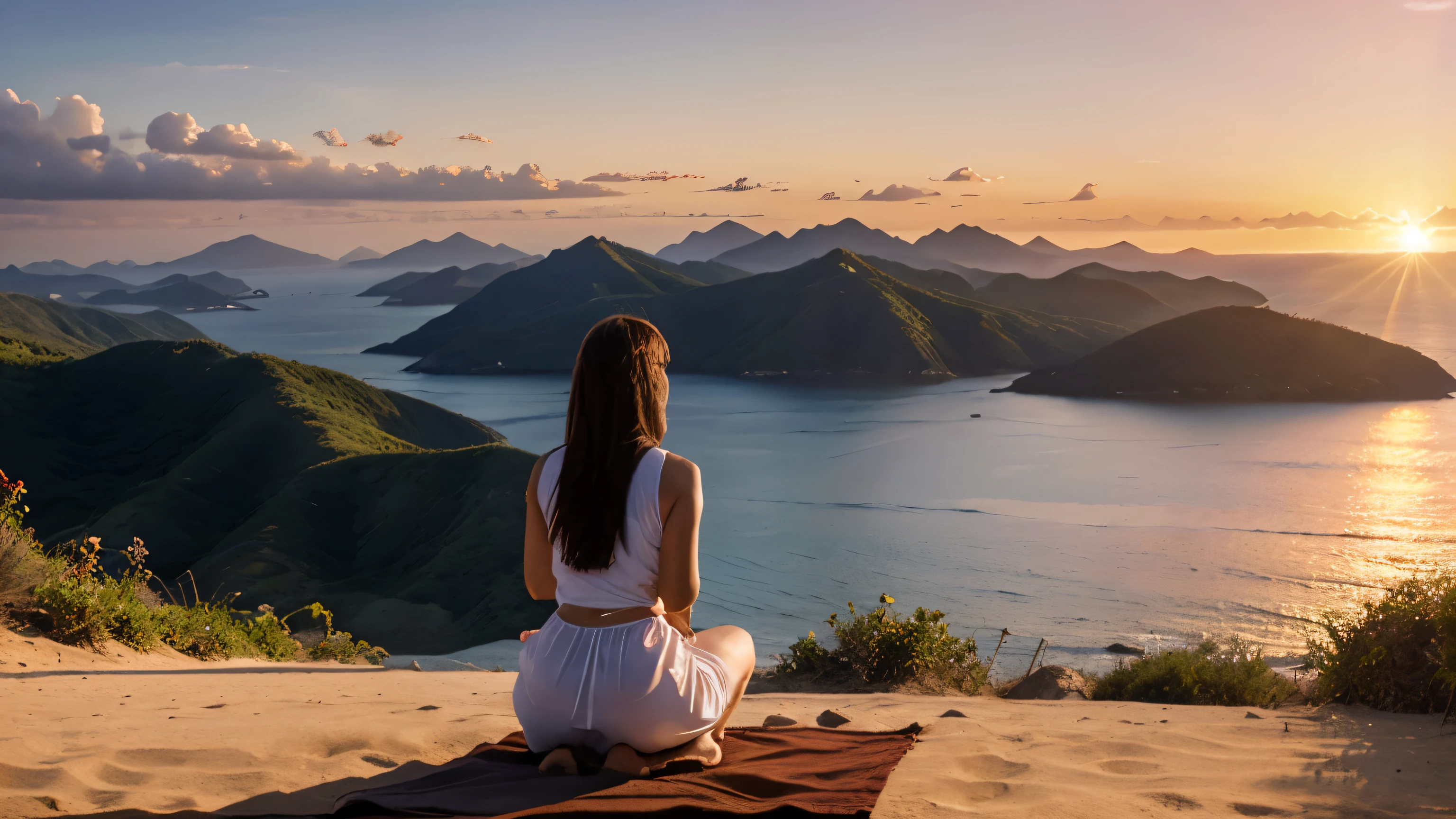 woman praying during sunrise in a paradisiacal landscape. 8k, 真实感