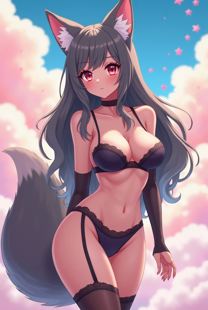 Very sexy and valuptious female fox as a human in lingerie wearing stockings. Latina. Grey fox. Teen Very big breasts. Anime style. Hot