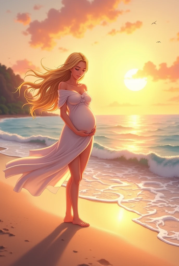 Pregnant blonde woman walking naked on the beach anime