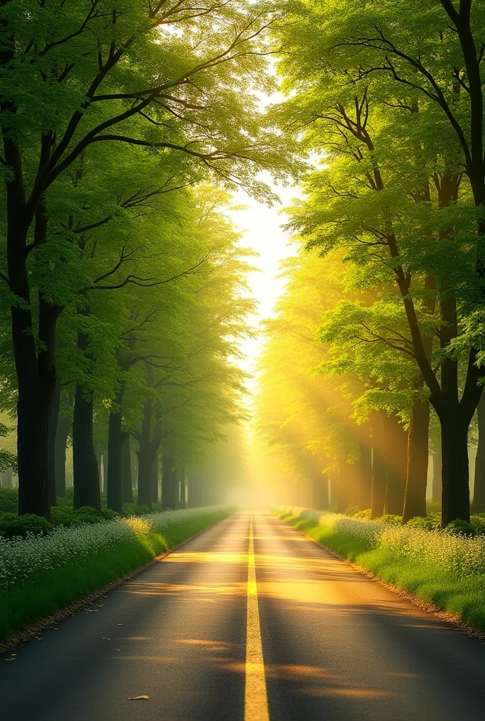 Fresh morning Trees middle there is a metal road that shine with sun light 