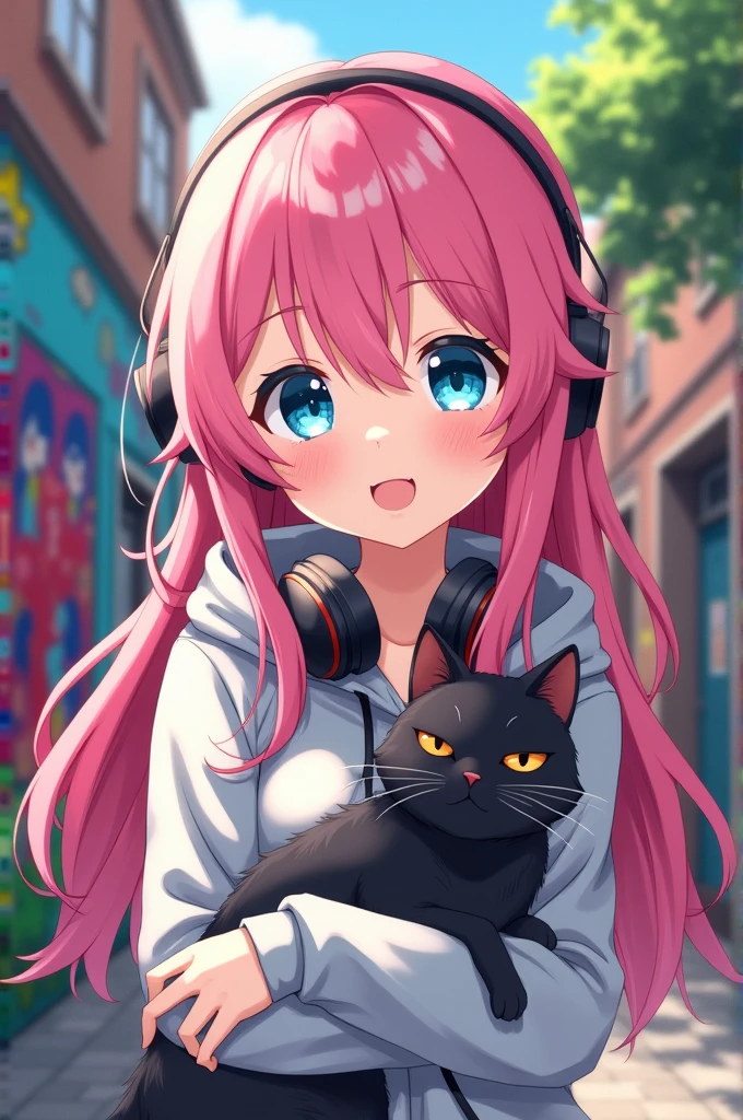 Bnha anime girl pink hair and headphones, blue eyes, and with a sweatshirt with a gray hood and a black cat