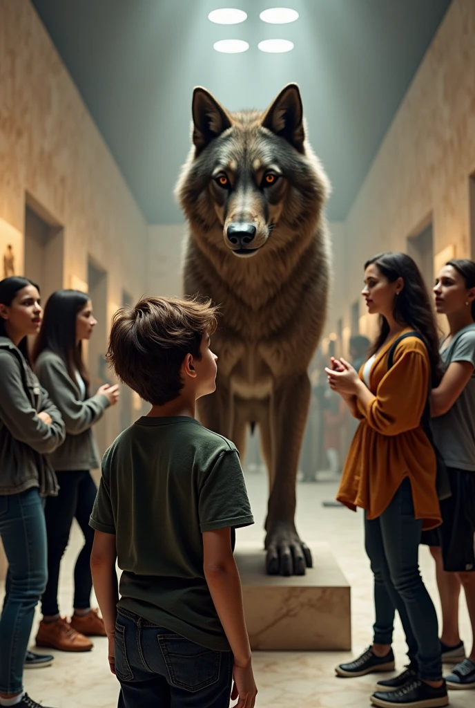 A subrealistic image in a museum with 7 young people and a boy with brown hair touching a werewolf statue