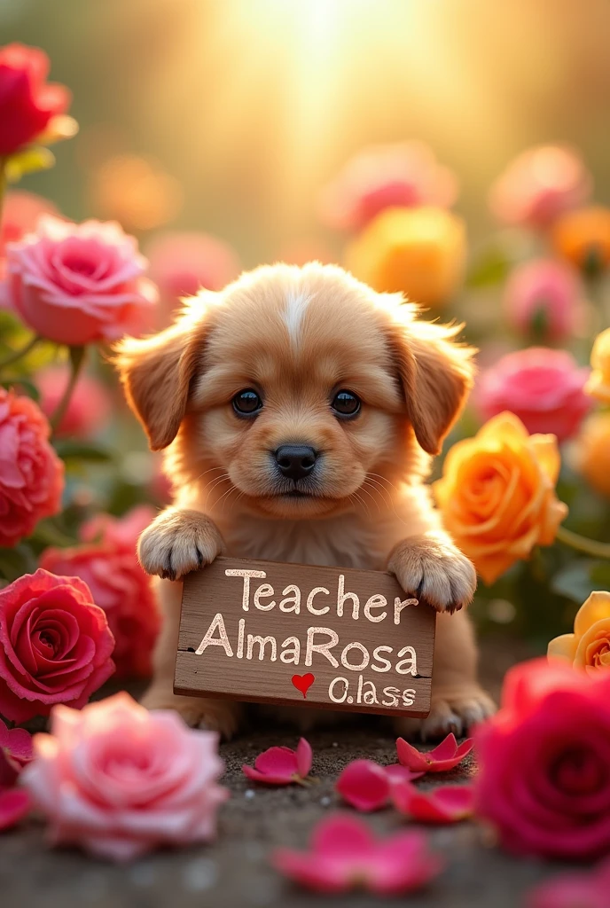 Baby dog holding a sign that says "Teacher AlmaRosa&#39;s class" with a colorful rose background, fresh and beautiful