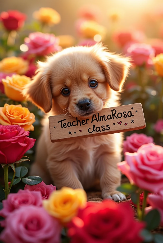 Baby dog holding a sign that says "Teacher AlmaRosa&#39;s class" with a colorful rose background, fresh and beautiful