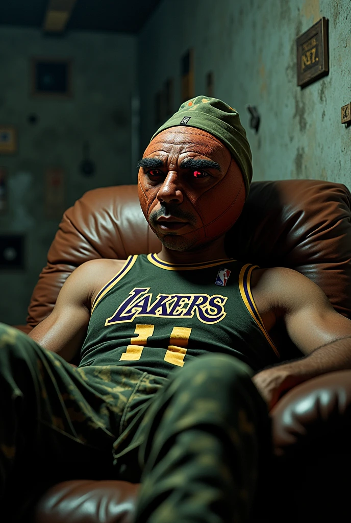 A tall man He has a basketball instead of a head and a red human eyes and black eyebrows and nose and mouth wearing an army pattern Los Angeles Lakers uniform name tag with the name Sorena on it and a military hat written on his name card on uniform is sitting on a couch in an underground bunker.