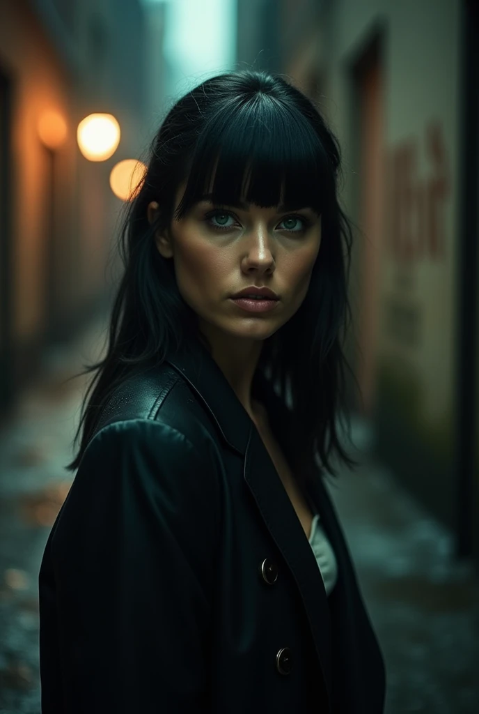 Serious woman with dark green eyes and black hair and bangs