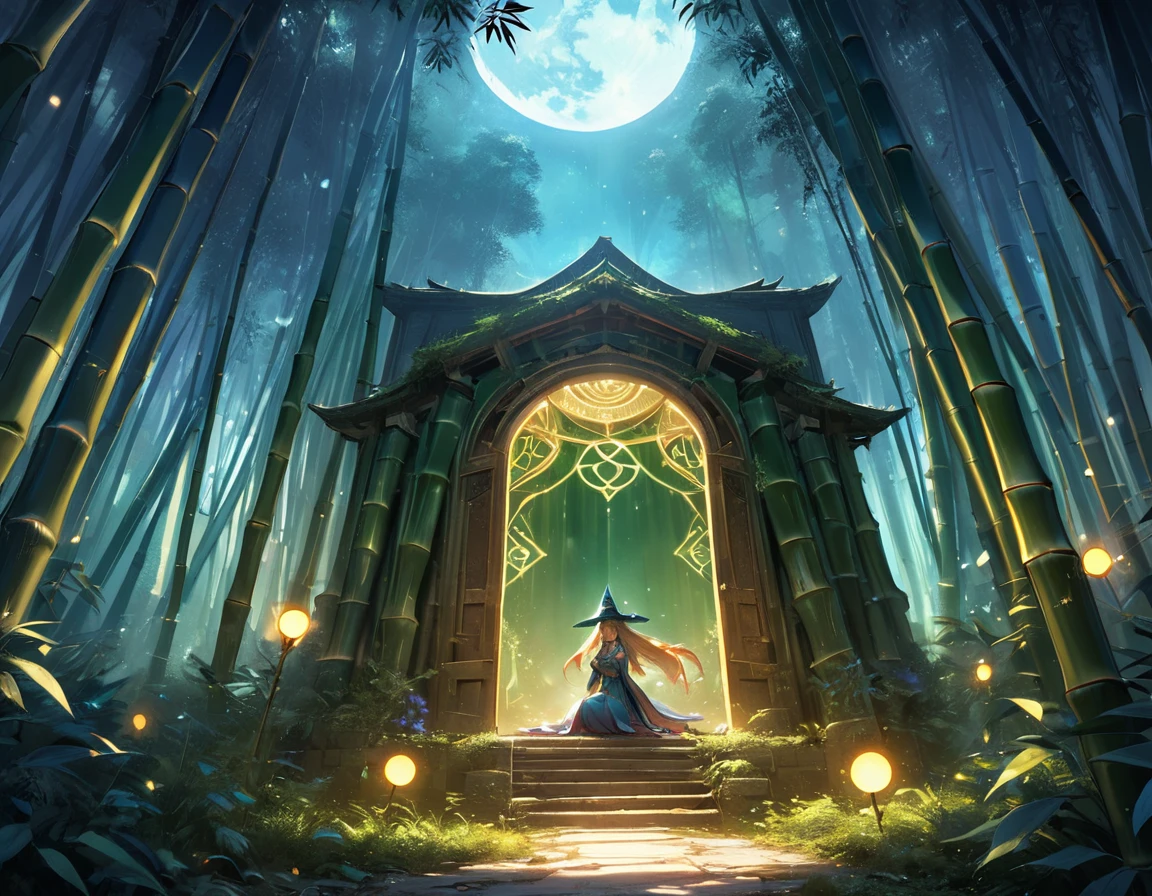  picture of a human sorceress sittings in (bamboo forest: 1.3), opening a large magical doorway, with magical runes on it, looking into the (heavens: 1.3), fantasy art, RPG art, an epic beautiful human woman, (ultra detailed face: 1.4)  dynamic hair color, dynamic hair style, dynamic eyes color, dynamic dress (best details, Masterpiece, best quality), bamboo, the magical doorway opens into the heavens and you can see angels flying, glowing arcane sigils GlowingRunes_paleblue, fantasy bamboo forest at night, moon light, moon rays, stars, Ultra-high resolution, High Contrast, (masterpiece:1.5), highest quality, Best aesthetics), 16K fantasy art, best details, best quality, highres, (ultra wide angle: 1.2), 16k, [ultra detailed], masterpiece, best quality, (extremely detailed), 
