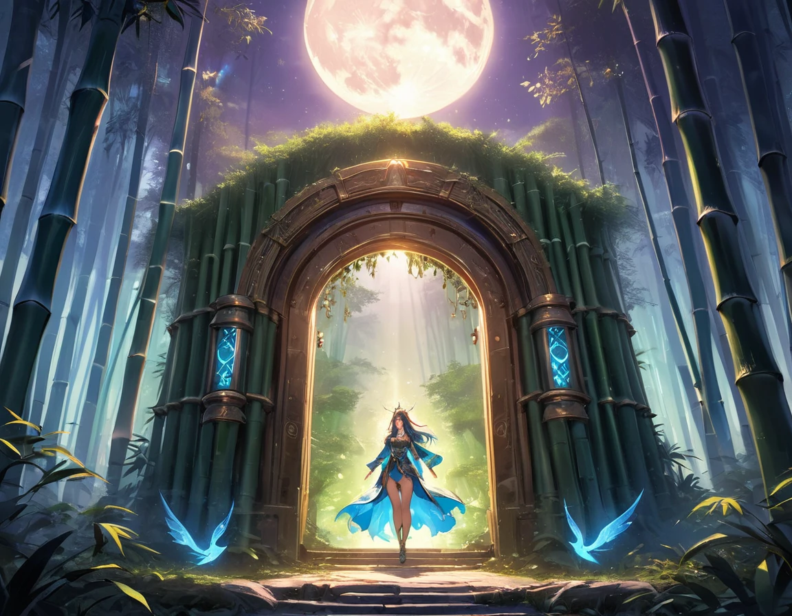  picture of a human sorceress sittings in (bamboo forest: 1.3), opening a large magical doorway, with magical runes on it, looking into the (heavens: 1.3), fantasy art, RPG art, an epic beautiful human woman, (ultra detailed face: 1.4)  dynamic hair color, dynamic hair style, dynamic eyes color, dynamic dress (best details, Masterpiece, best quality), bamboo, the magical doorway opens into the heavens and you can see angels flying, glowing arcane sigils GlowingRunes_paleblue, fantasy bamboo forest at night, moon light, moon rays, stars, Ultra-high resolution, High Contrast, (masterpiece:1.5), highest quality, Best aesthetics), 16K fantasy art, best details, best quality, highres, (ultra wide angle: 1.2), 16k, [ultra detailed], masterpiece, best quality, (extremely detailed), 
