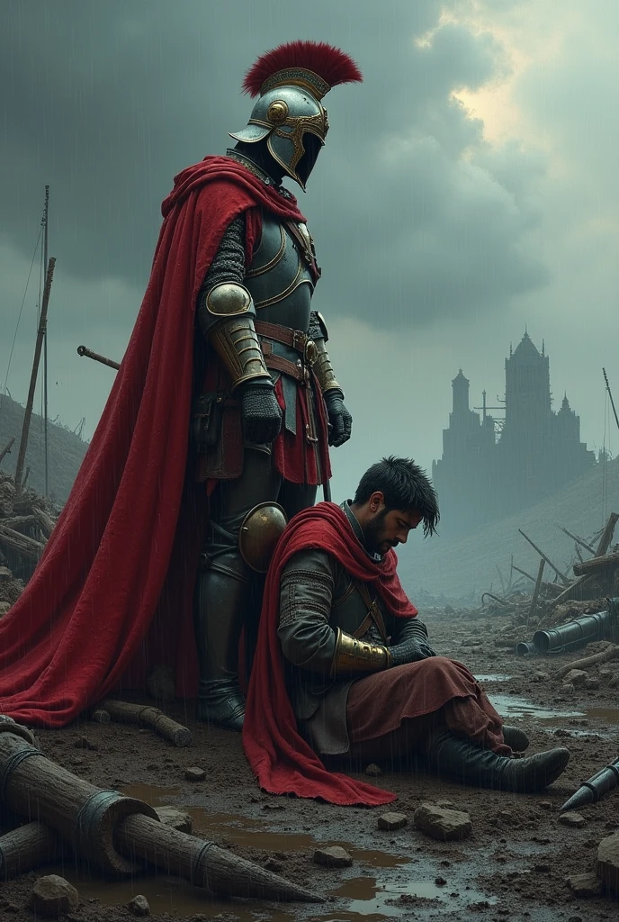 Setting:*
- The background is a battlefield, filled with the remnants of war. The ground is uneven and muddy, with patches of dark, wet earth. Faint, broken remnants of old structures or walls can be seen in the distance, shrouded in mist and shadow. The sky above is overcast, heavy with dark gray clouds that block out most of the light, creating a gloomy, almost oppressive atmosphere.
### *The Wounded Soldier:*
- *Appearance:* The soldier is sitting on the ground, leaning against a fallen piece of stone or a broken wall. His uniform, once proud and orderly, is now torn and tattered, stained with blood and dirt. The fabric hangs loosely on his body, ripped in several places, revealing bandages soaked in blood underneath.
- *Facial Features:* The soldier has a rugged face, with a thick, dark moustache that curves slightly at the ends, typical of the Polish military style. His face is smeared with dirt, sweat, and dried blood, and his expression is a mixture of pain, exhaustion, and despair. His eyes are half-closed, with dark circles underneath, showing the toll the battle has taken on him. Despite this, there is a glimmer of resolve in his eyes, as if he's fighting to stay conscious and hopeful.
- *Posture:* He is slumped against the stone, his head slightly bowed, but not entirely defeated. One hand rests on the ground, supporting his weight, while the other clutches his side where a deep wound is visible, bleeding through the makeshift bandages. His breathing appears labored, and he looks as though he is on the verge of collapsing, yet something keeps him holding on.
### *The Hussar:*
- *Appearance:* Standing beside the wounded soldier is a figure of remarkable contrast—an opulent Polish hussar, the very embodiment of the former glory and strength of the Polish-Lithuanian Commonwealth. The hussar is dressed in magnificent armor that shines even in the dim light. The armor is intricate, adorned with ornate designs and symbols of past victories. Over his shoulders