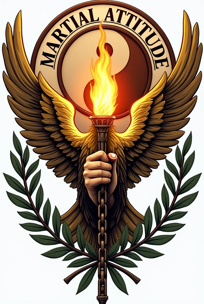 logotype, hand chained to a burning torch, surrounded by olive leaves represented by the wings of a golden eagle.
In the background a circle of jin and jang Phrase, Martial Attitude.