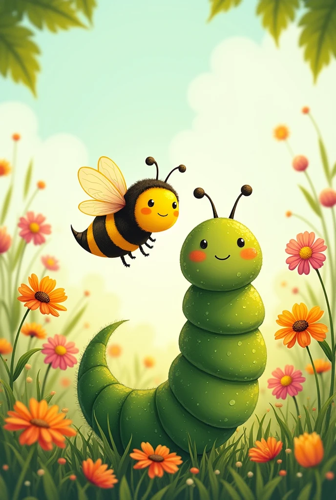 Drawing of a bee with a caterpillar for a story