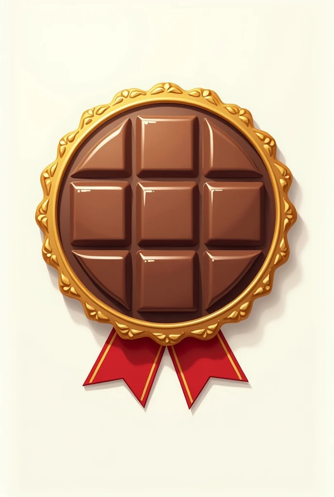 Create an image on a white background in the shape of a badge, a sort of medal. Representing a chocolate bar in cartoon style. But I really want you to see a simple chocolate bar with its squares. Not a character. And I want it to look like a military badge.